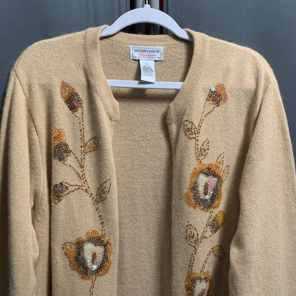 B20-Women's Victor Costa Cardigan Size 1X Beige Floral - Picture 1 of 5